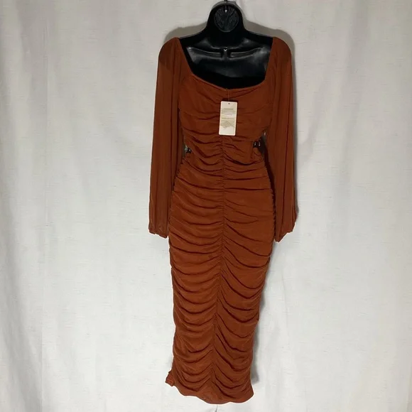 Fashion Long Puff Sleeve Ruched Midi Bodycon Dress Sexy Mesh Dress Size M - Picture 8 of 10